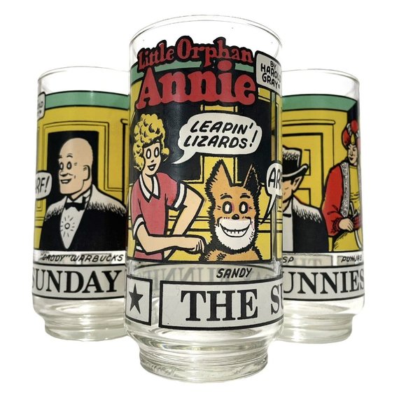 Vintage 1970s "The Sunday Funnies" Set of 3 Glass Tumbler Little Orphan Annie - Picture 1 of 8